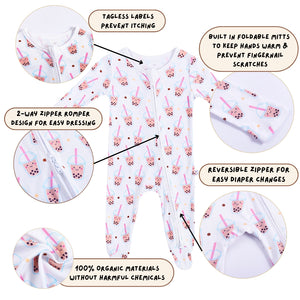 the wee bean dim sum bamboo organic reversible zipper convertible romper in boba tea features