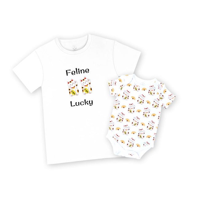 the wee bean mommy and me tee and onesie in lucky fortune cat